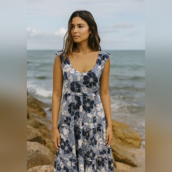 Harlow & Rose Blue Tropical Floral Midi Sundress Smocked Size Medium - Picture 1 of 7